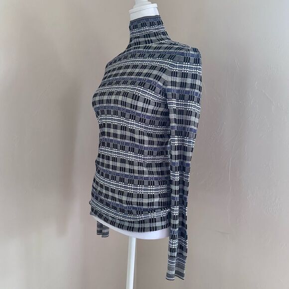 Theory Prosecco Stretch Knit Turtleneck Long-Sleeve Plaid Check Top Blue Black S - Picture 3 of 7